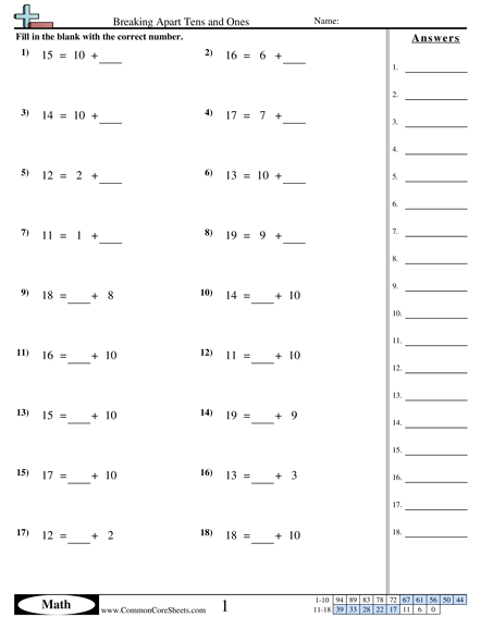 1.nbt.2b Worksheets - Breaking Apart Tens and Ones worksheet